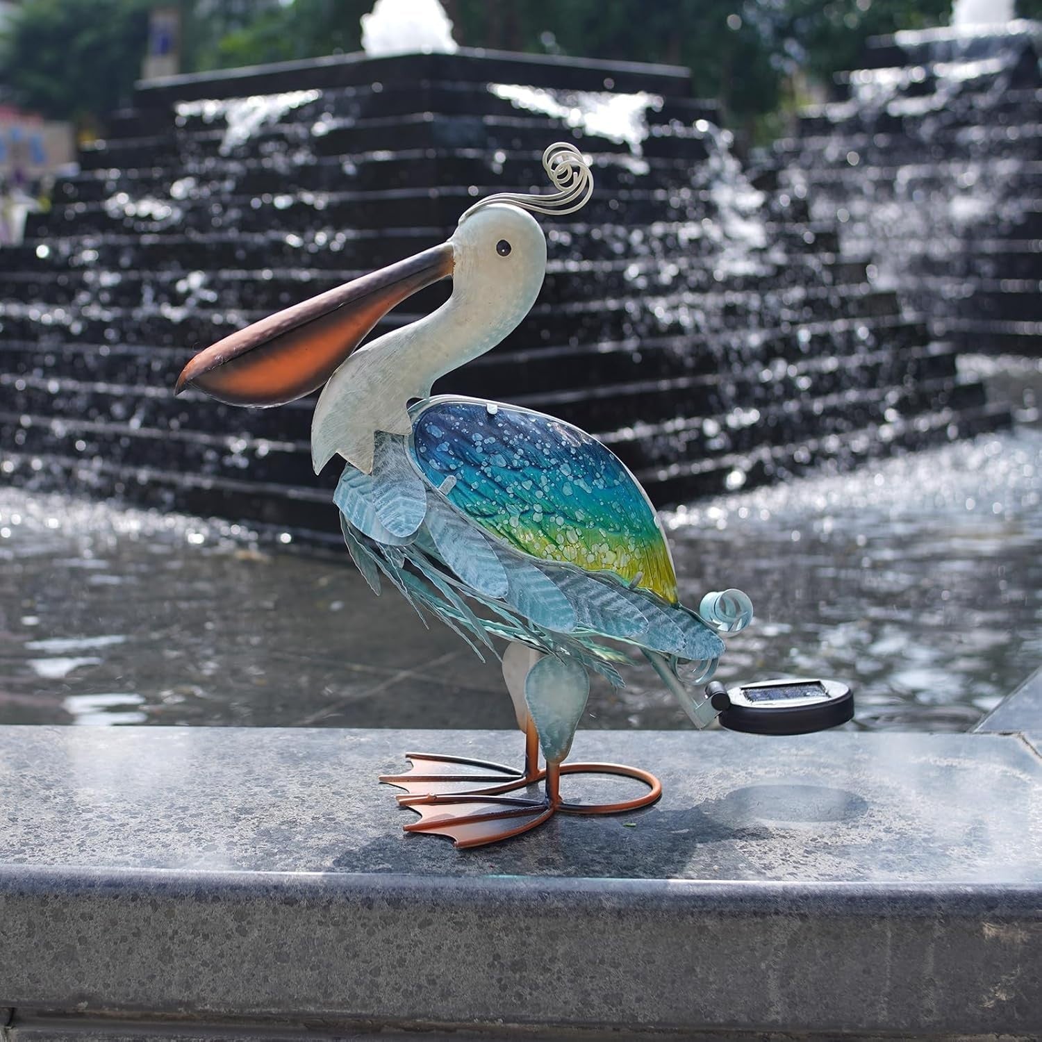 Solar Pelican Garden Ornament Metal LED Light Outdoor Patio Decor 17" Coastal