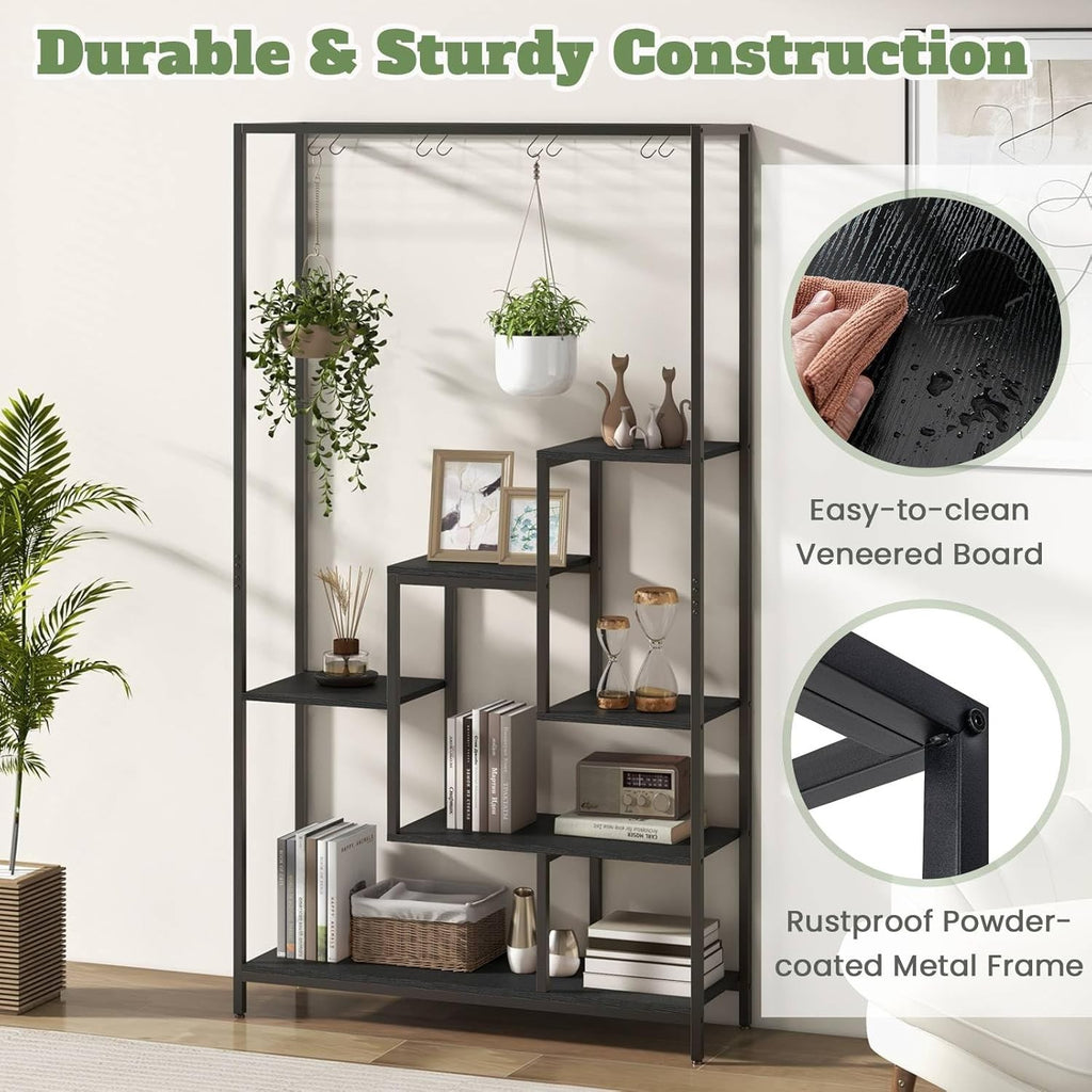 6 Tier Metal Plant Stand Tall Indoor Flower Shelf with Hooks for Balcony Living