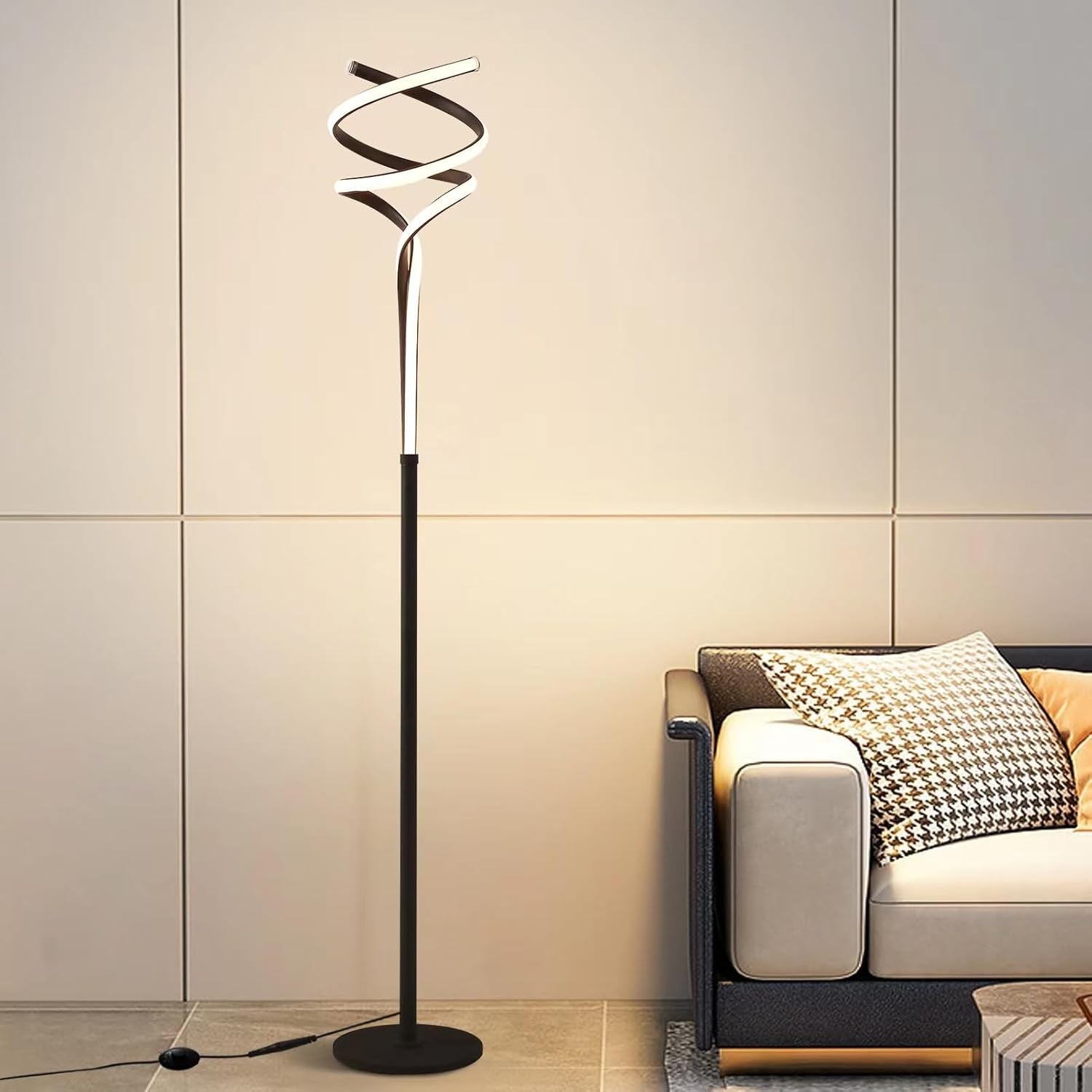 Modern LED Floor Lamp Black Spiral Design Dimmable Remote Standing Light