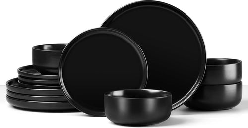 12pc Stoneware Dinner Set Matte Black Plates Bowls Microwave Safe