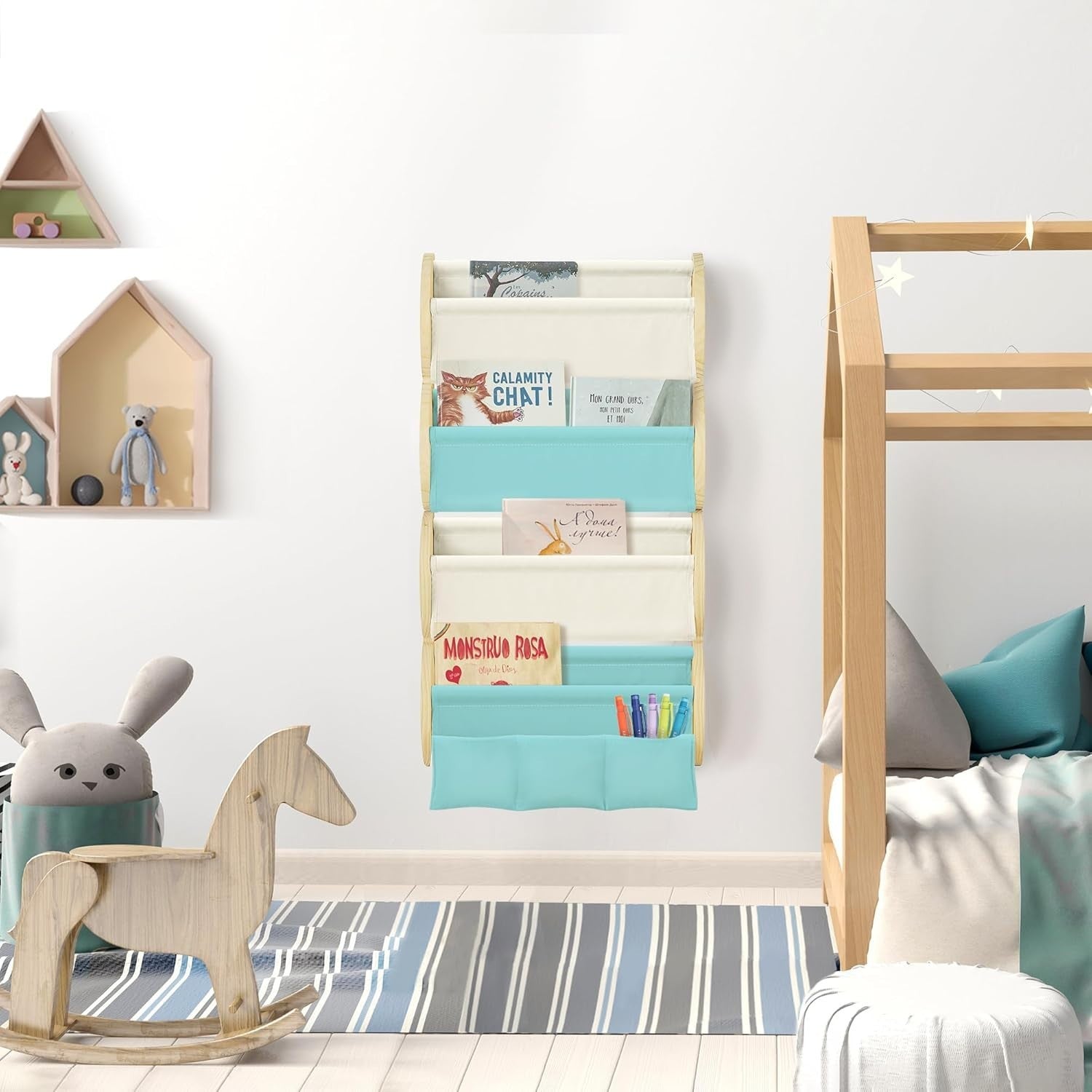 Kids Wall Mounted Bookshelf 4 Tier Floating Shelf with Pockets – Blue