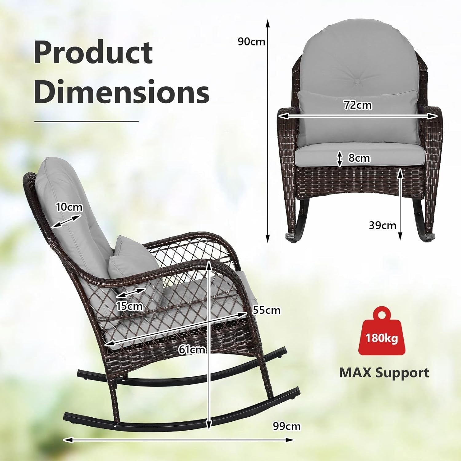 Garden Rattan Rocking Chair Grey Cushioned Outdoor Patio Armchair