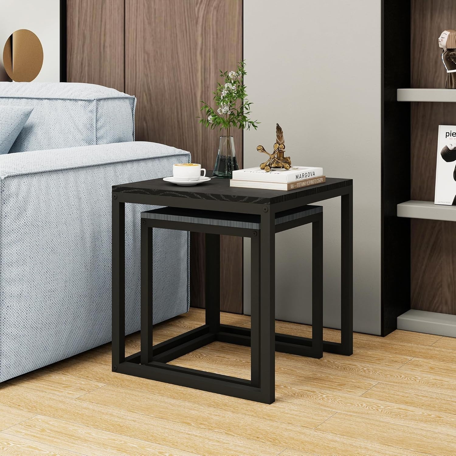 Nesting Coffee Table Set Black Grey Metal Wood Modern Living Room End Side