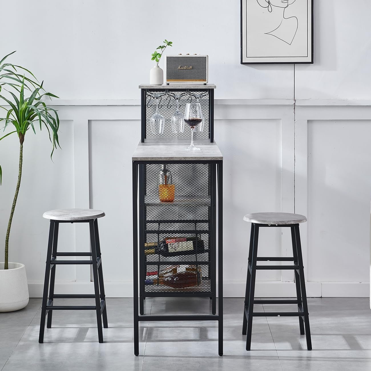 3Pcs Bar Table Set with Stools Wine Rack Cup Holder Grey Marble Dining Unit