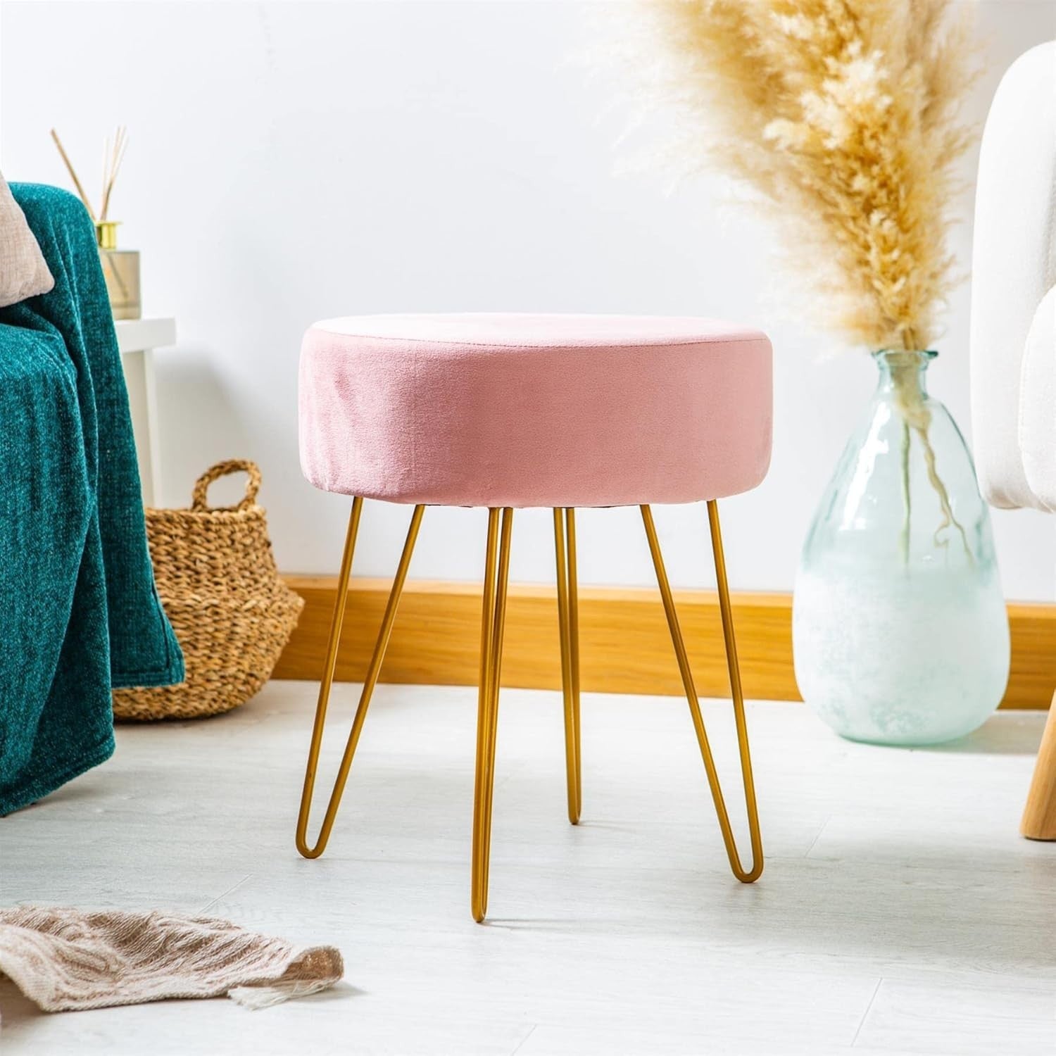Set of 2 Pink Velvet Footstools Gold Legs Modern Round Pouffe Seats