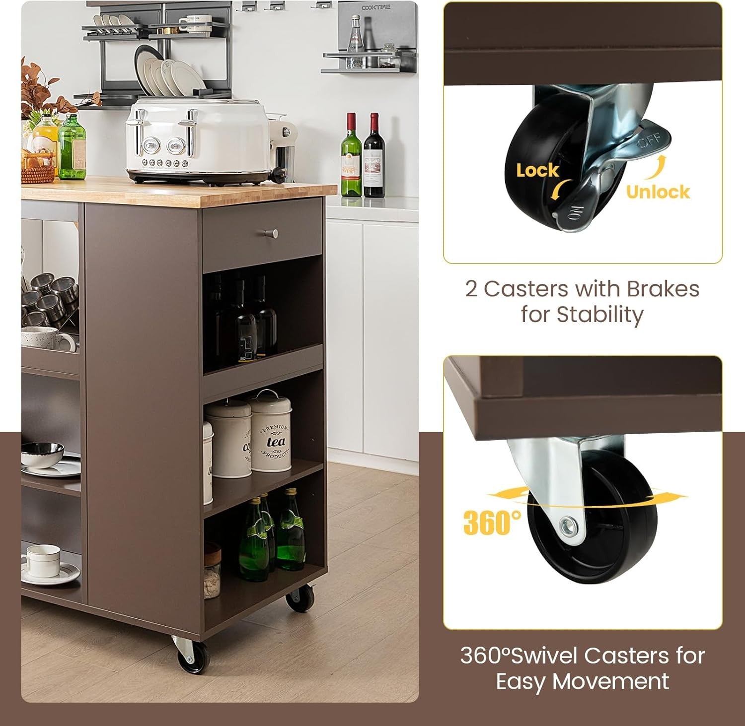 Large Kitchen Island on Wheels Storage Cart Drawer Shelves Wood Top