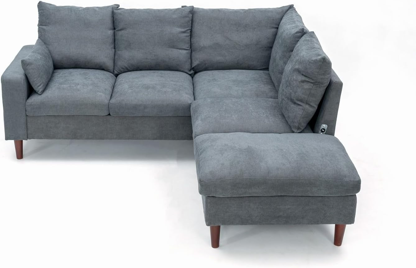 5 Seater L Shape Corner Sofa with USB Port, Storage Pockets & Wood Legs