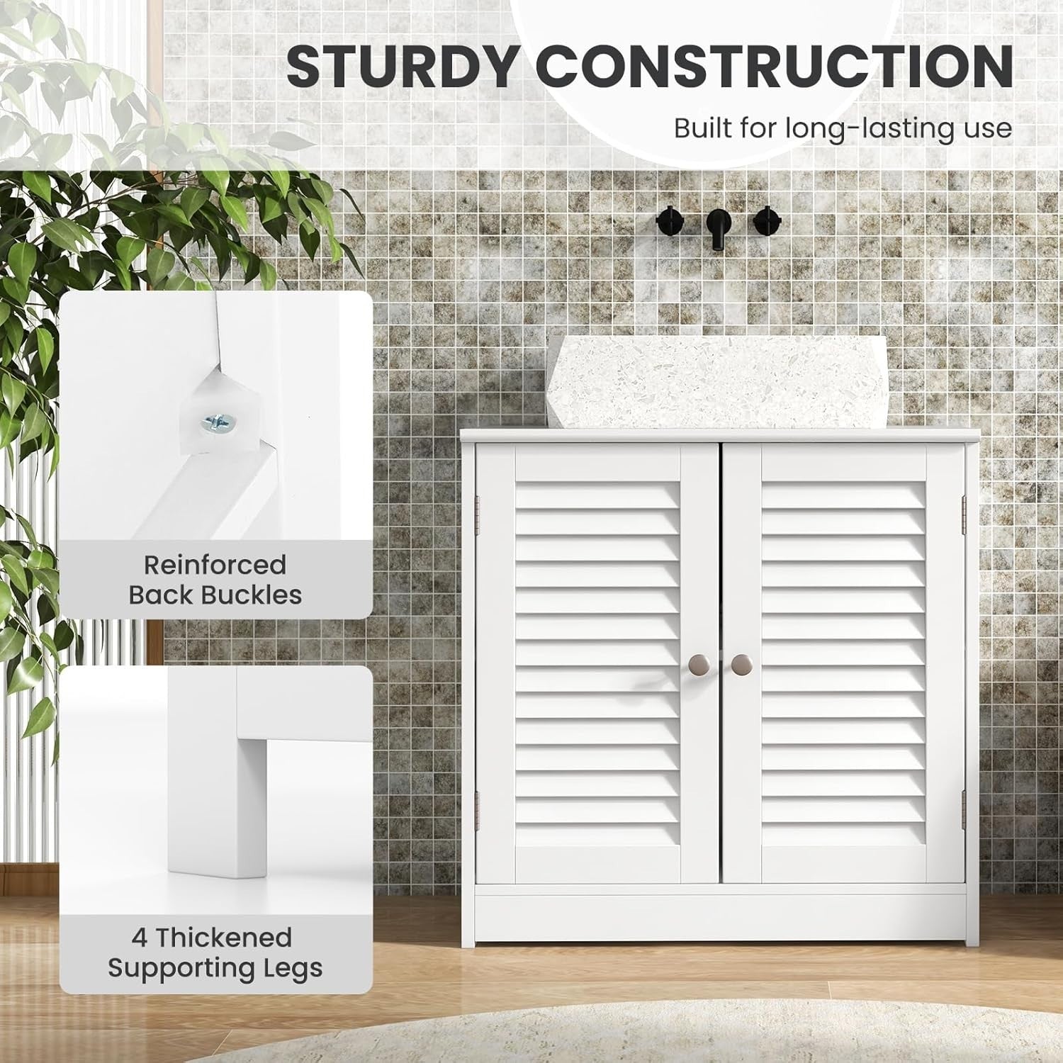 White Under Sink Bathroom Cabinet – 2 Shutter Doors Storage Unit 60x30x60cm