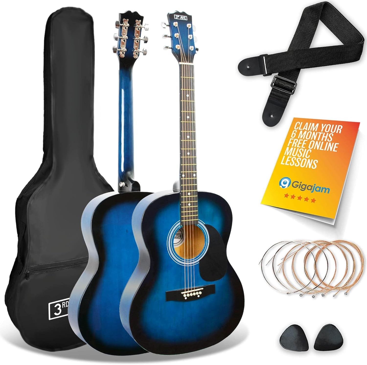 Full Size 4/4 Acoustic Guitar Starter Pack Blue w/ Bag Lessons