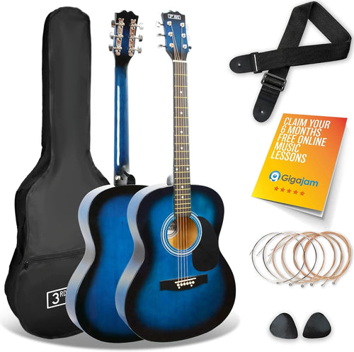 Full Size 4/4 Acoustic Guitar Starter Pack Blue w/ Bag Lessons
