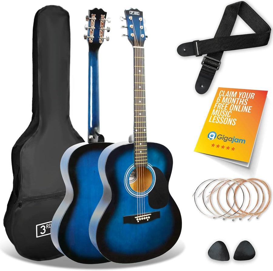 Full Size 4/4 Acoustic Guitar Starter Pack Blue w/ Bag Lessons