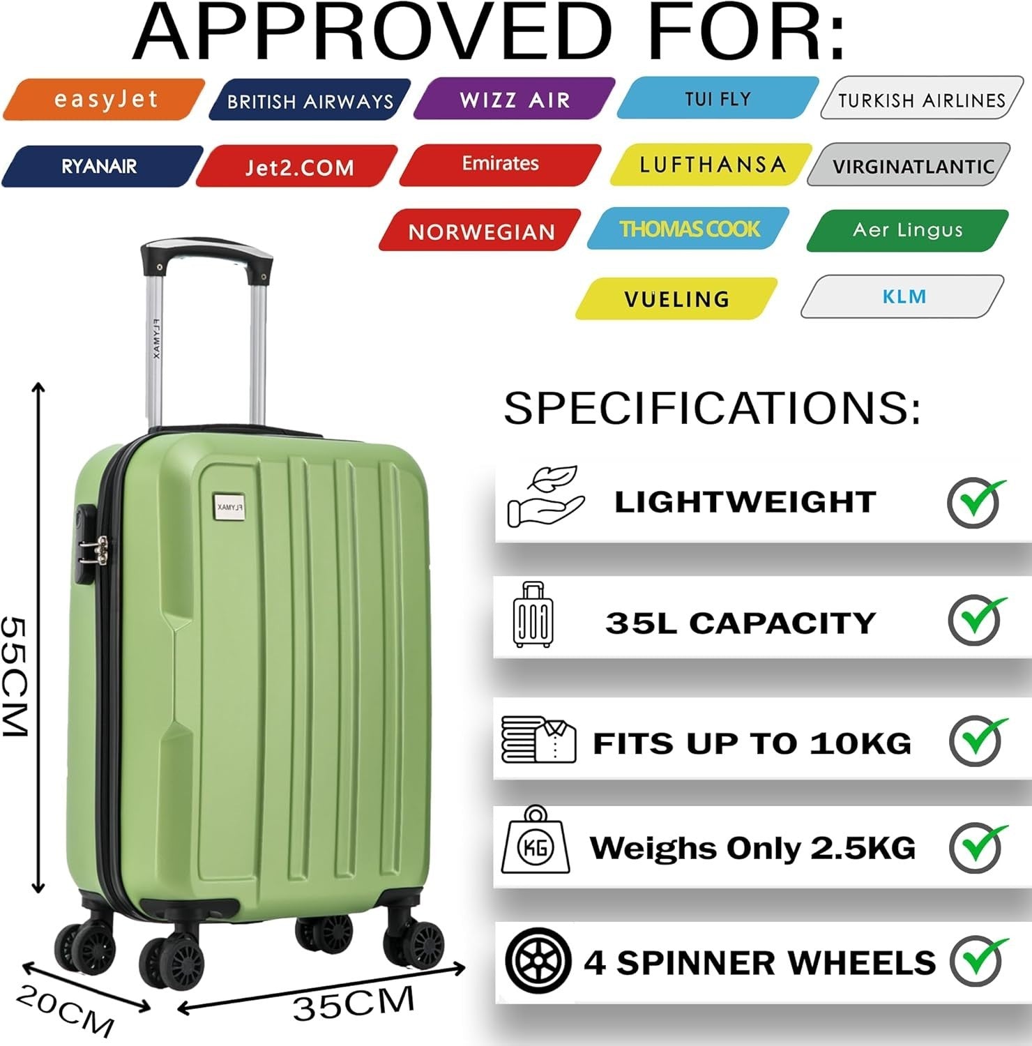 Cabin Luggage 55x35x20 Lightweight Hard Shell Suitcase 4 Wheel Carry On