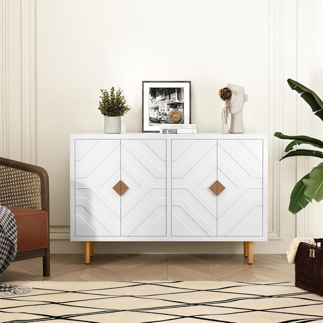 White Kitchen Sideboard Cabinet 4 Doors Storage Buffet Table with Shelves