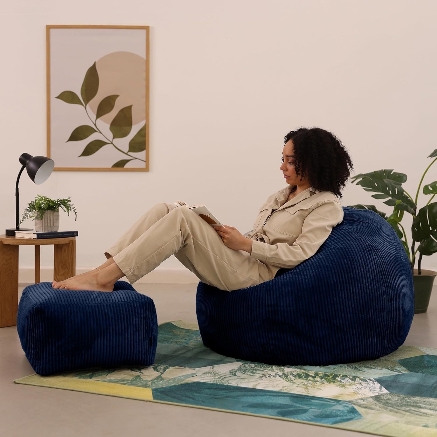 Navy Cord Bean Bag Chair with Footstool Adult Comfy Lounge Seat Set