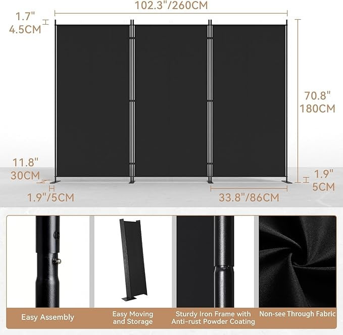 3-Panel 6FT Folding Room Divider Black Privacy Screen Partition Wall Office