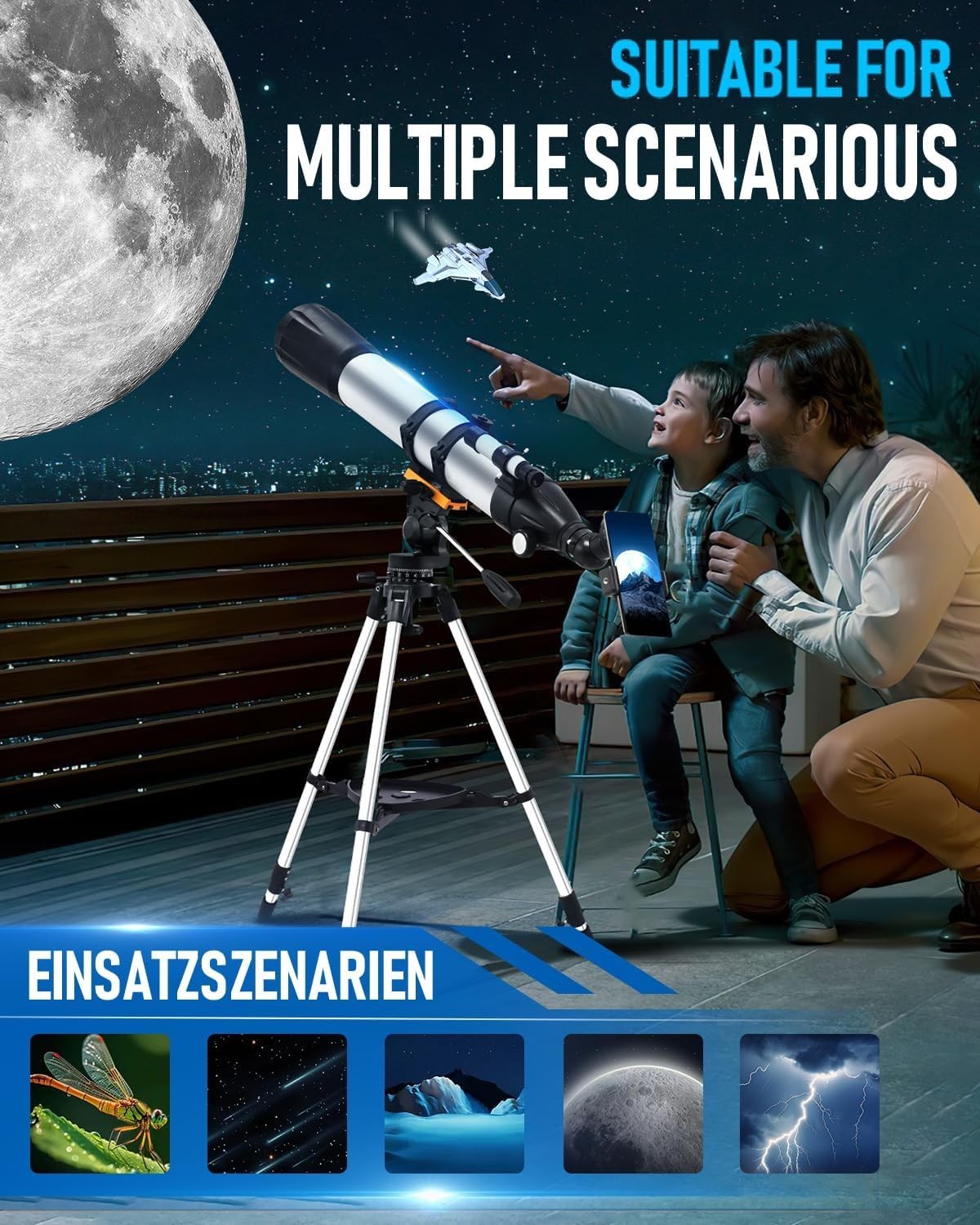90mm Aperture 900mm Refractor Telescope for Kids & Adults with Tripod