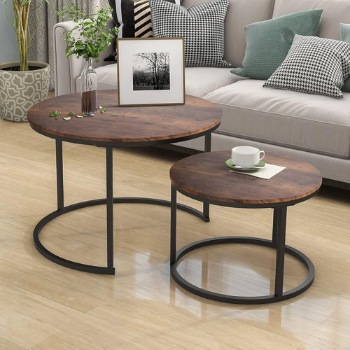 Round Nesting Coffee Tables Set of 2, Wood & Metal, Sturdy, Space-Saving