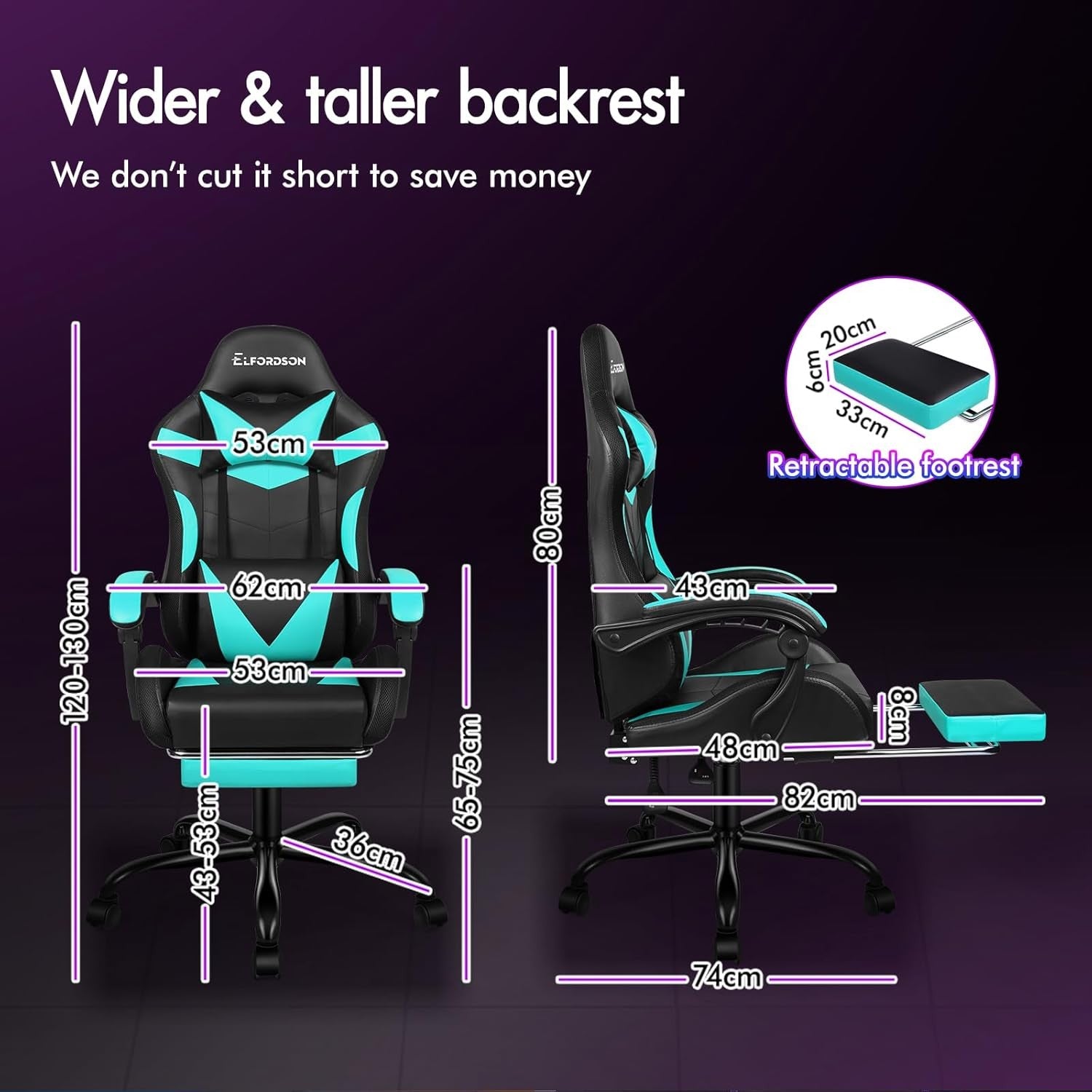 Cyan LED Gaming Chair RGB 8-Point Massage Recliner w/ Footrest