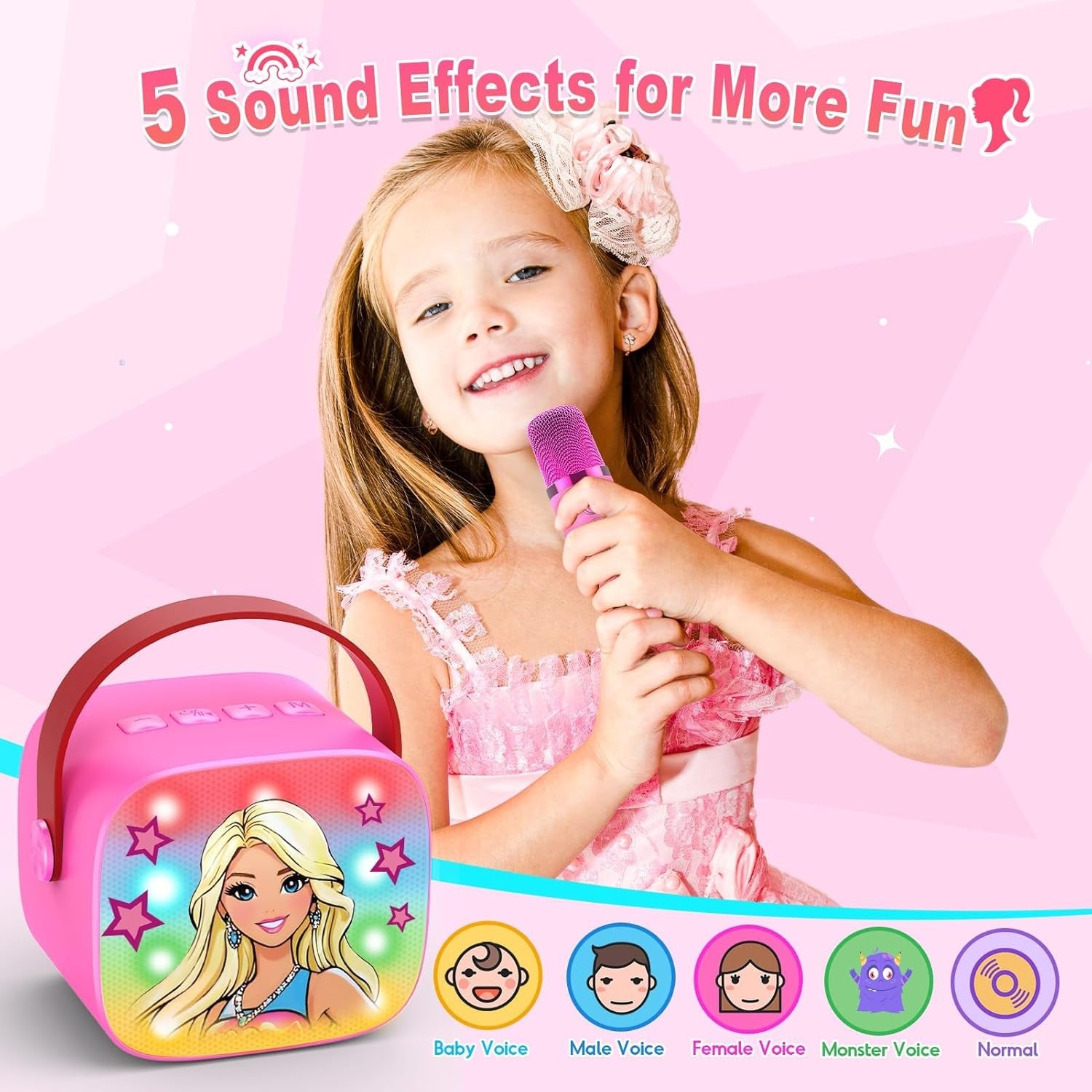 Mini Karaoke Machine Kids Bluetooth Speaker 2 Mics Pink Princess