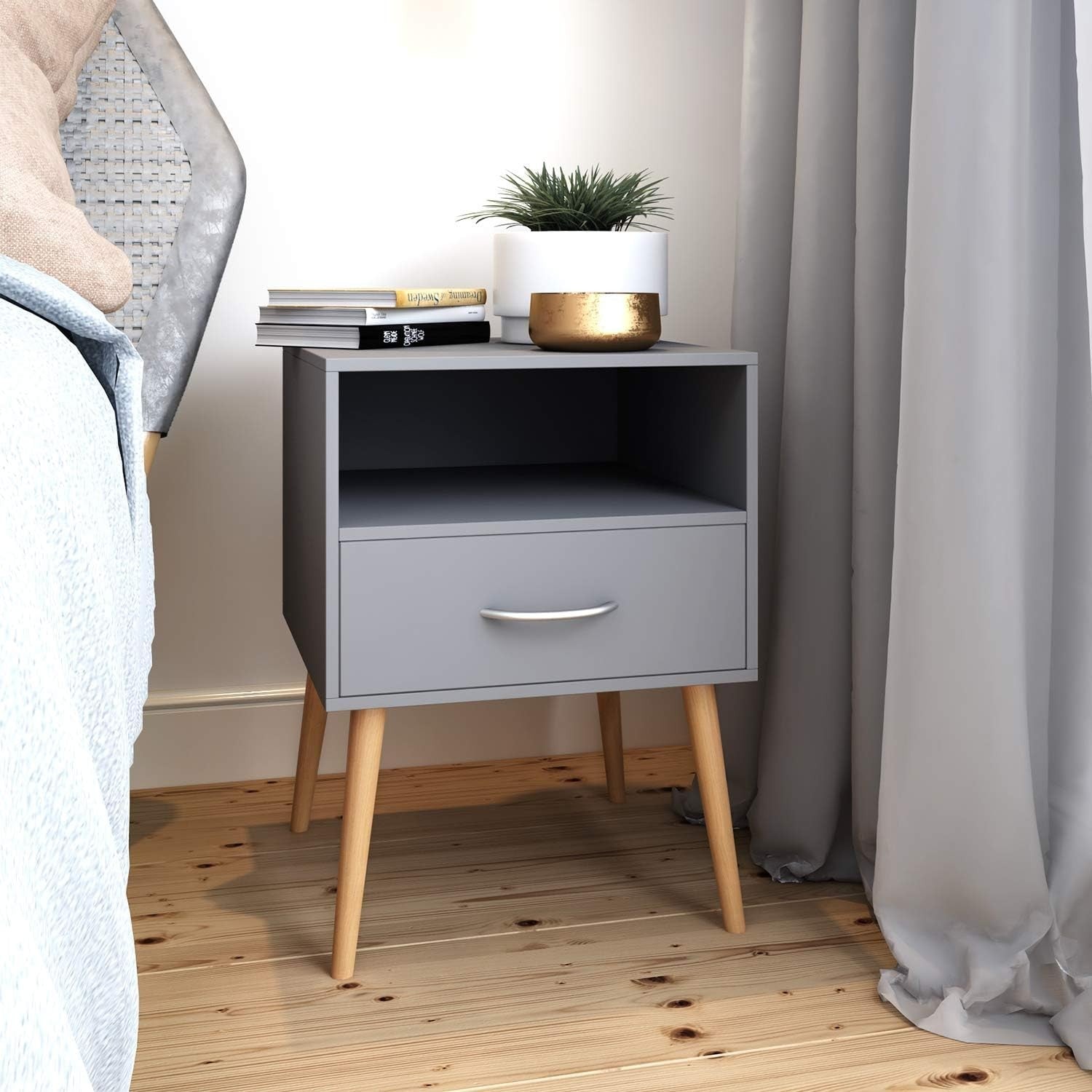 Set of 2 Grey Wood Bedside Tables with Drawer & Shelf – Modern Nightstands