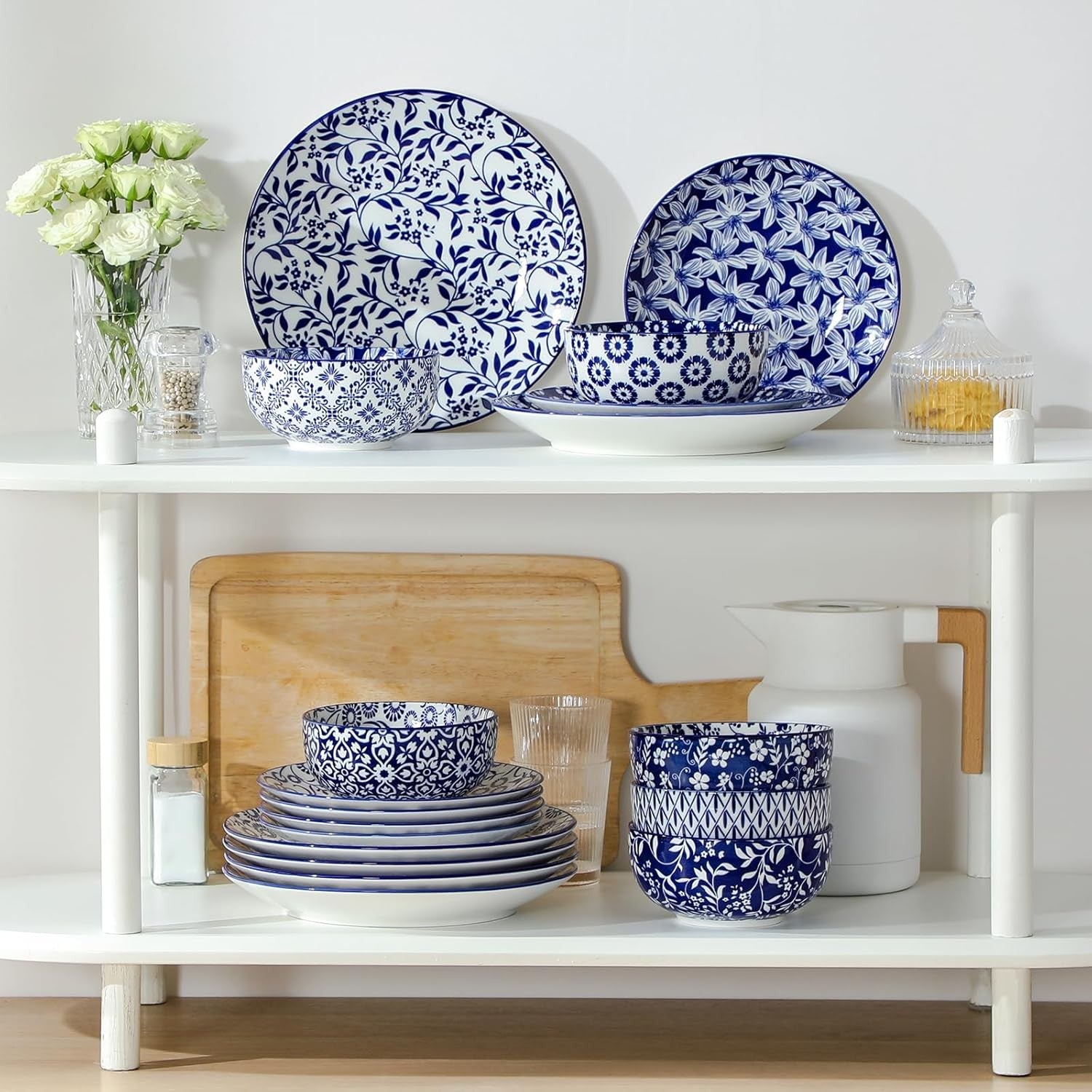 36pc Porcelain Dinnerware Set Blue White Plates Bowls Dishwasher Safe