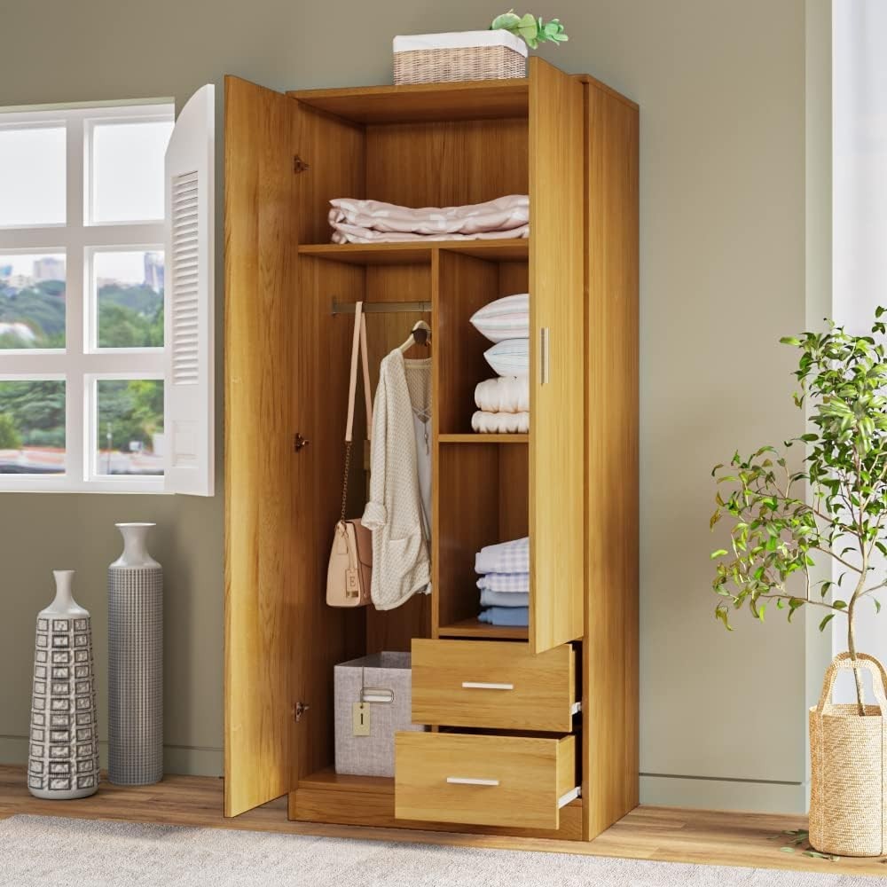 Oak 2 Door Wardrobe with 2 Drawers Bedroom Storage Cupboard Lockable