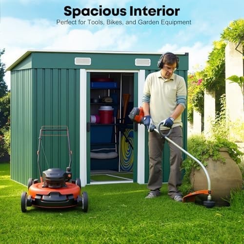 8x4FT Metal Garden Shed Lockable Tool Storage House Green