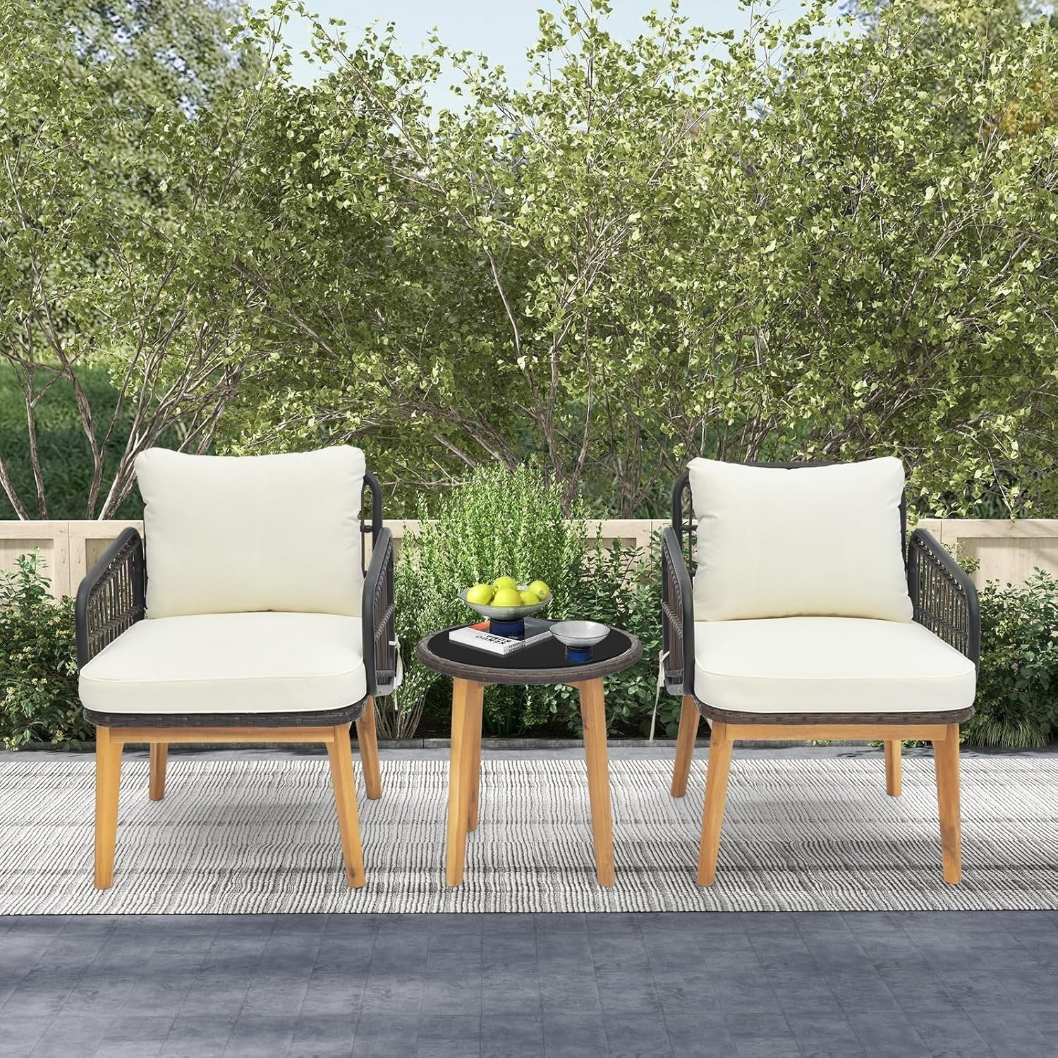 3PC Outdoor Rattan Bistro Set Cushioned Armchairs & Glass Coffee Table
