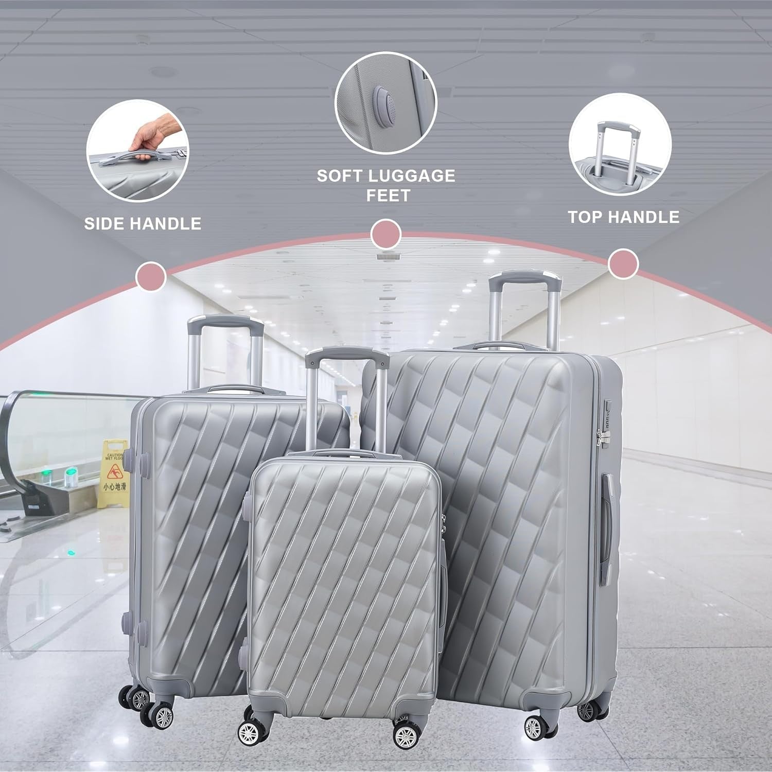 20 Inch Cabin Carry On Hard Shell Suitcase 4 Dual Spinner Wheels Lock Silver