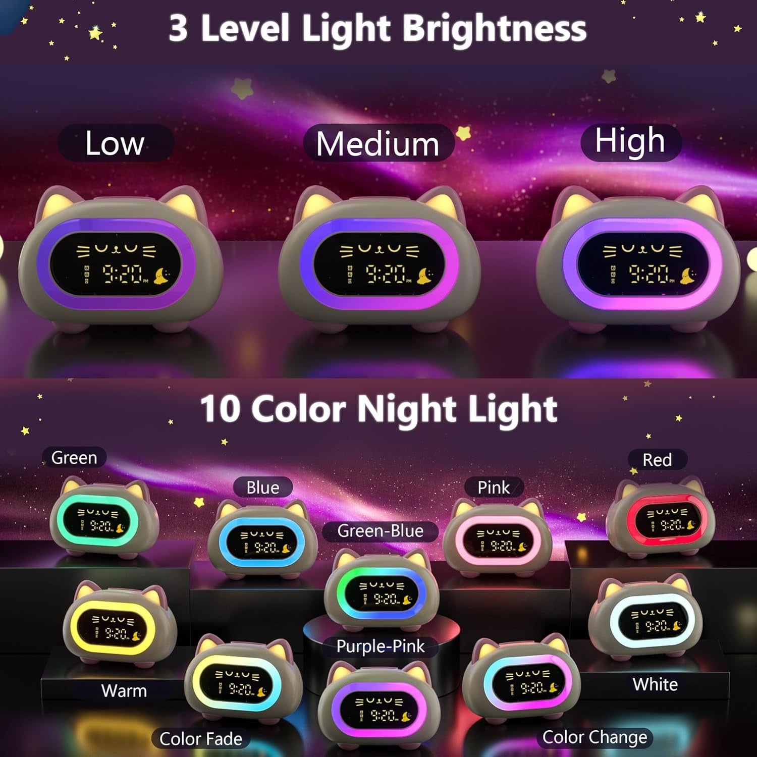 Kids Alarm Clock Sleep Training Night Light Dual Alarm Snooze LED