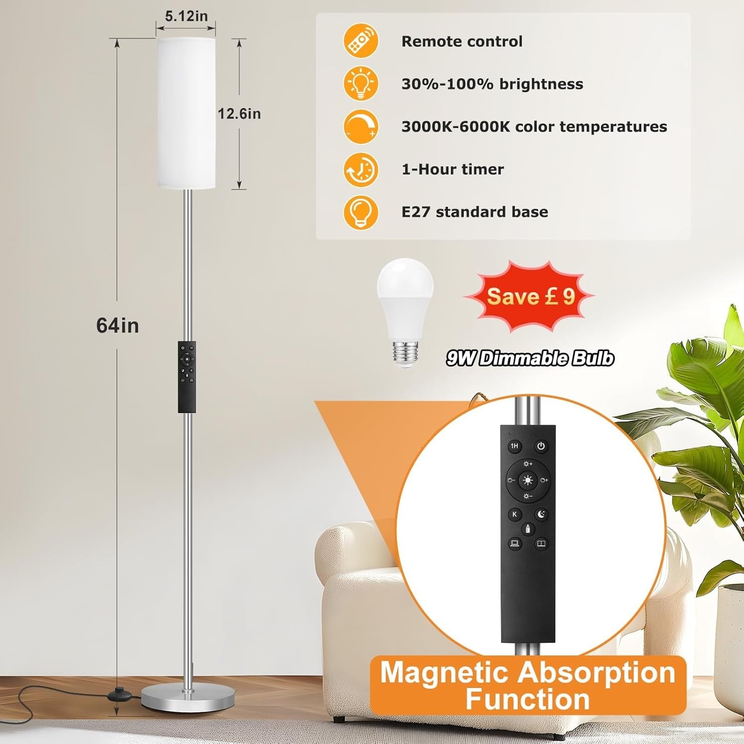 Modern Floor Lamp 64 Inch Standing Light White Shade Silver Pole Living Room