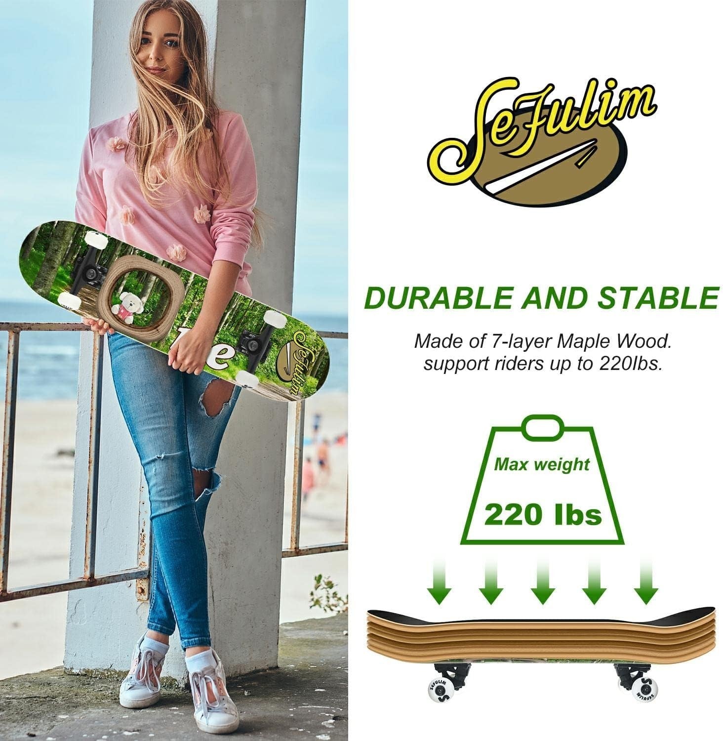 31in Maple Skateboard Complete 7-Layer Double Kick Pro Trick Board