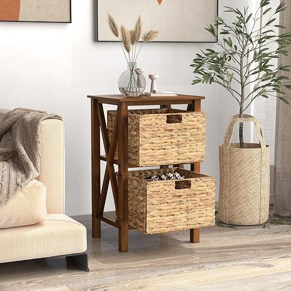 2x Walnut Bedside Tables with Seagrass Baskets | Rustic 2-Tier Narrow Nightstand