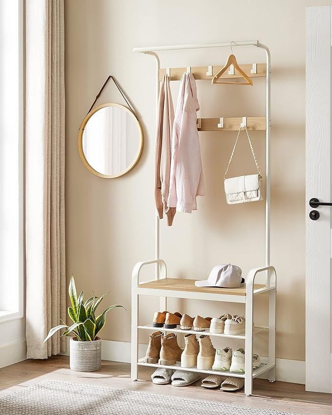 Oak & Cream Coat Rack with Shoe Bench | 4-in-1 Hallway Storage Unit with 9 Hooks