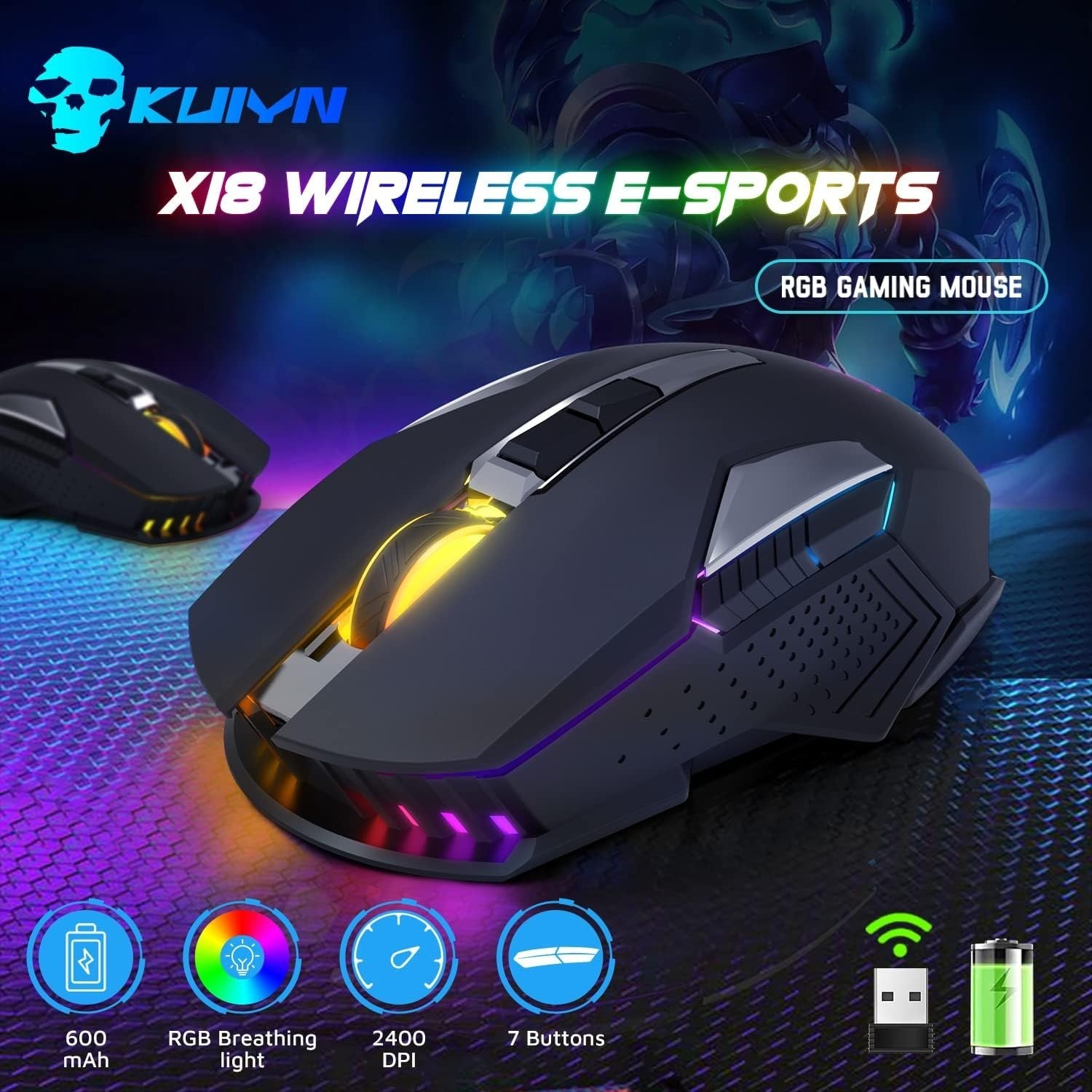 Wireless Gaming Mouse RGB 2400 DPI Rechargeable Silent Black