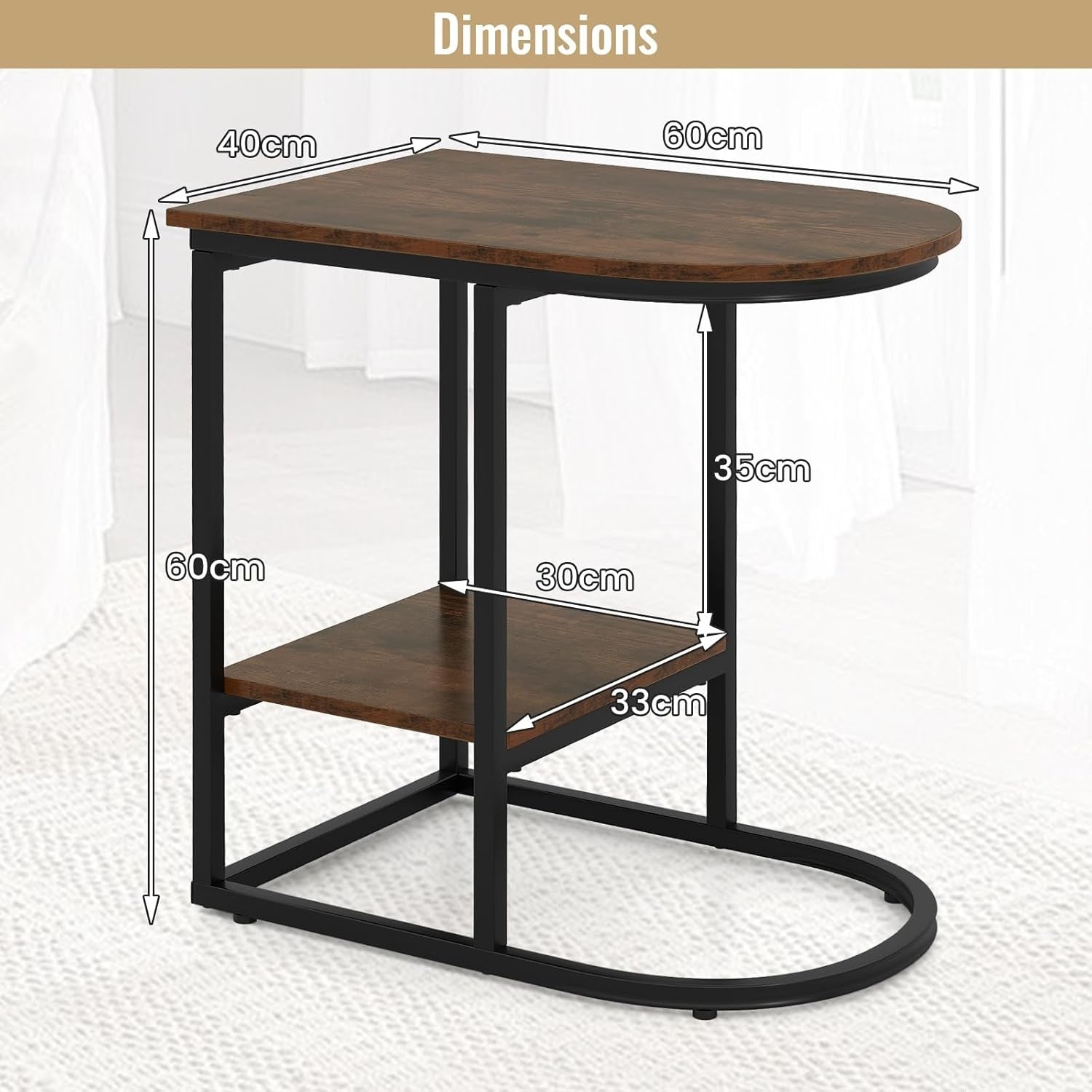 Rustic Brown C-Shaped Side Table with Shelf – Industrial Sofa Laptop Stand