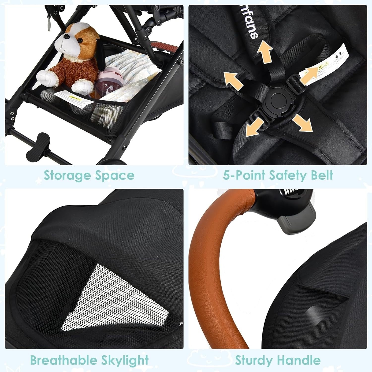 Black Lightweight Baby Stroller One Hand Fold Compact Travel Buggy