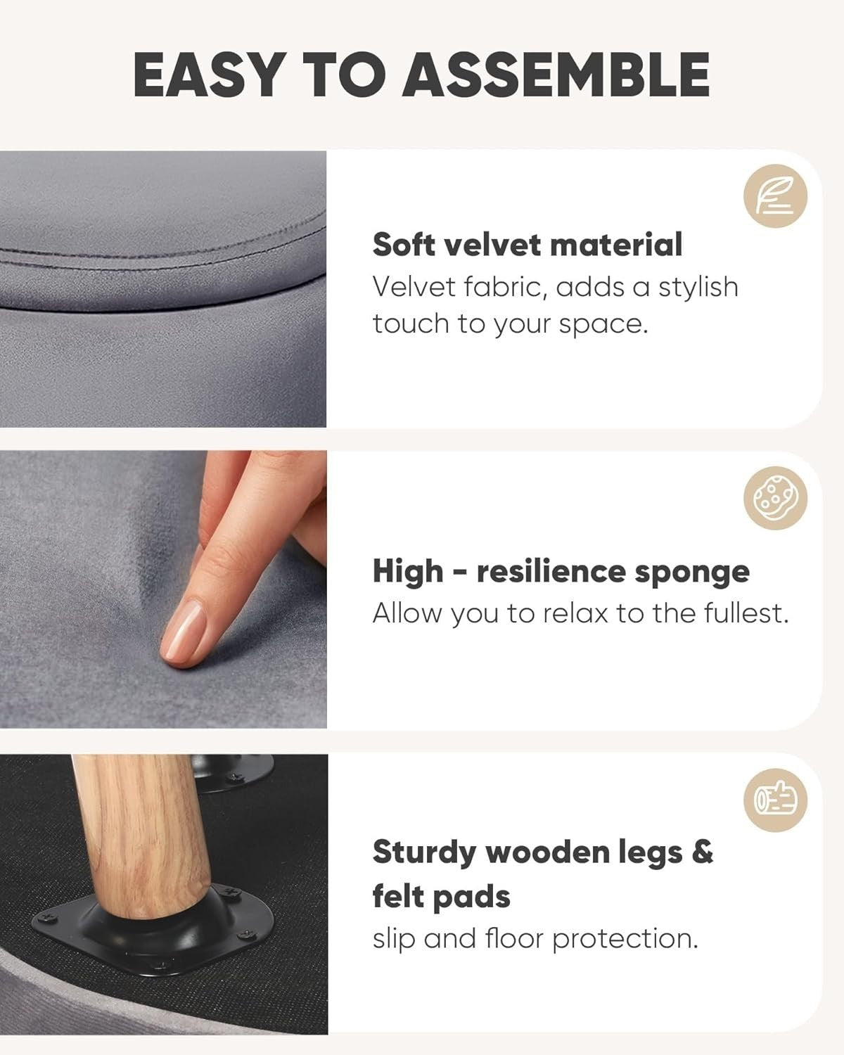 Grey Velvet Storage Ottoman Stool Round Footrest Coffee-Table Top Seat