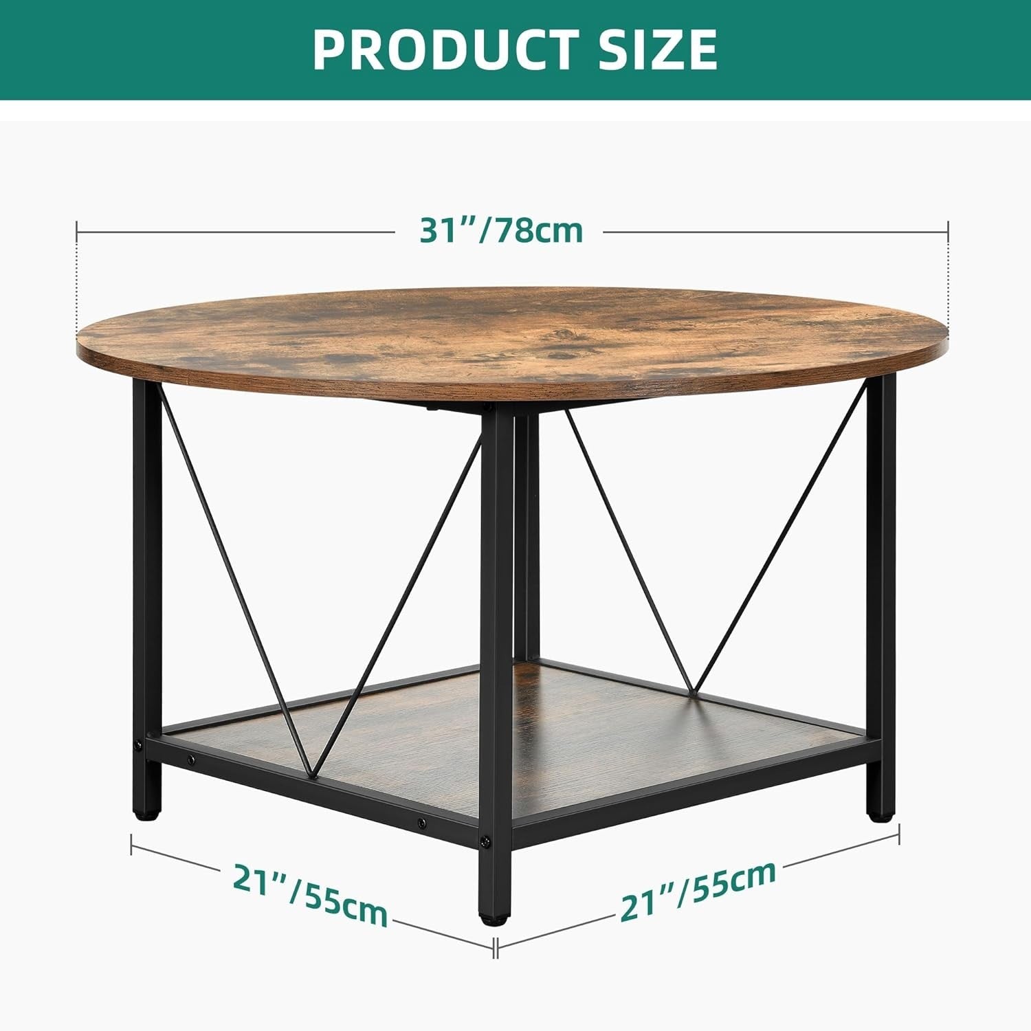 Round Coffee Table with Storage Shelf 80cm Industrial Rustic Metal Legs Brown