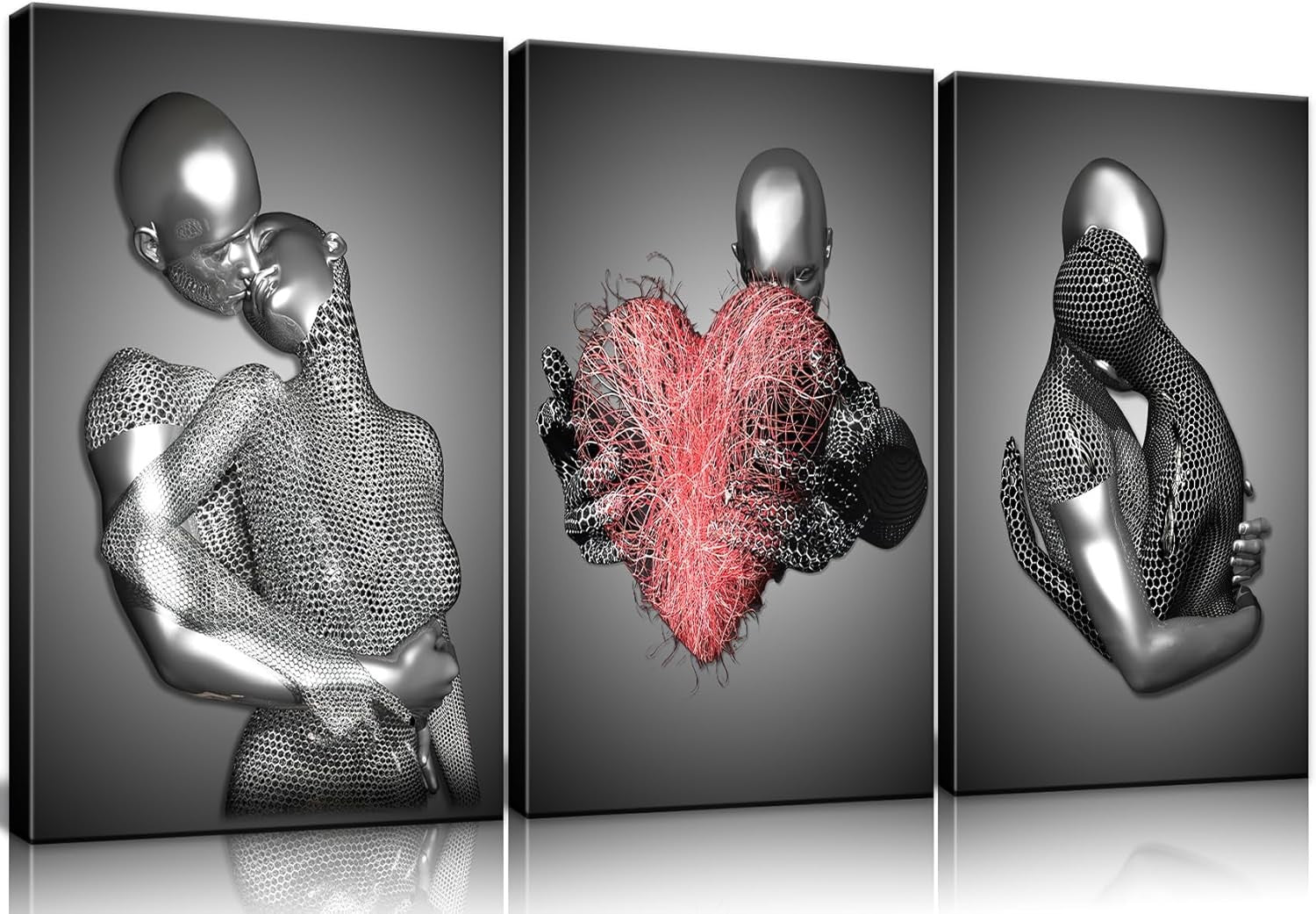 Grey Black 3D Love Heart Canvas Wall Art Set of 3