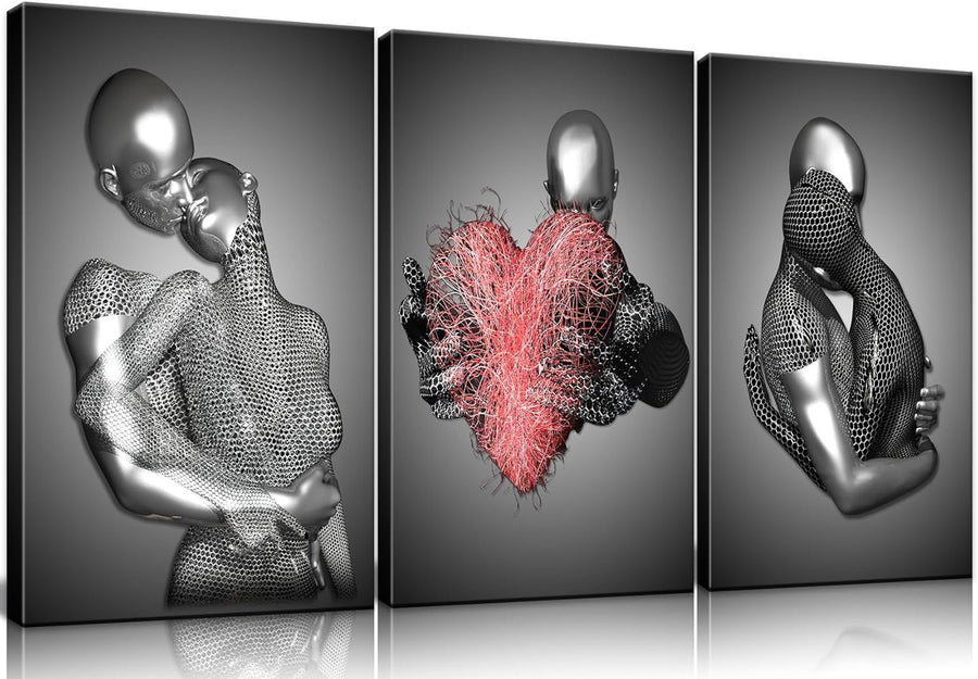 Grey Black 3D Love Heart Canvas Wall Art Set of 3