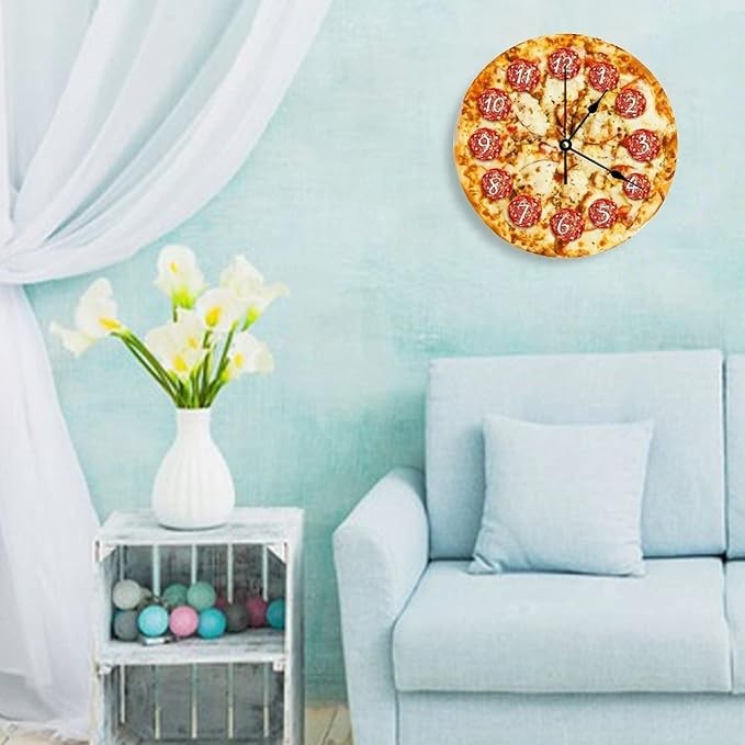 Funny Pizza Wall Clock 25cm Silent Non-Ticking Round Wooden Kitchen Decor