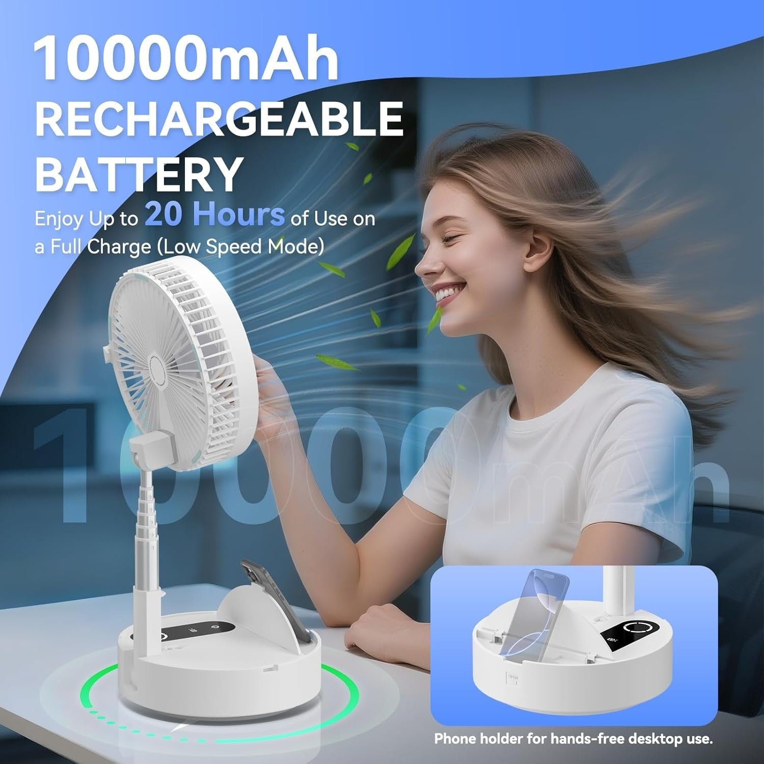 9.5" Portable Standing Fan – Rechargeable Folding Desk & Floor Fan White 4 Speed