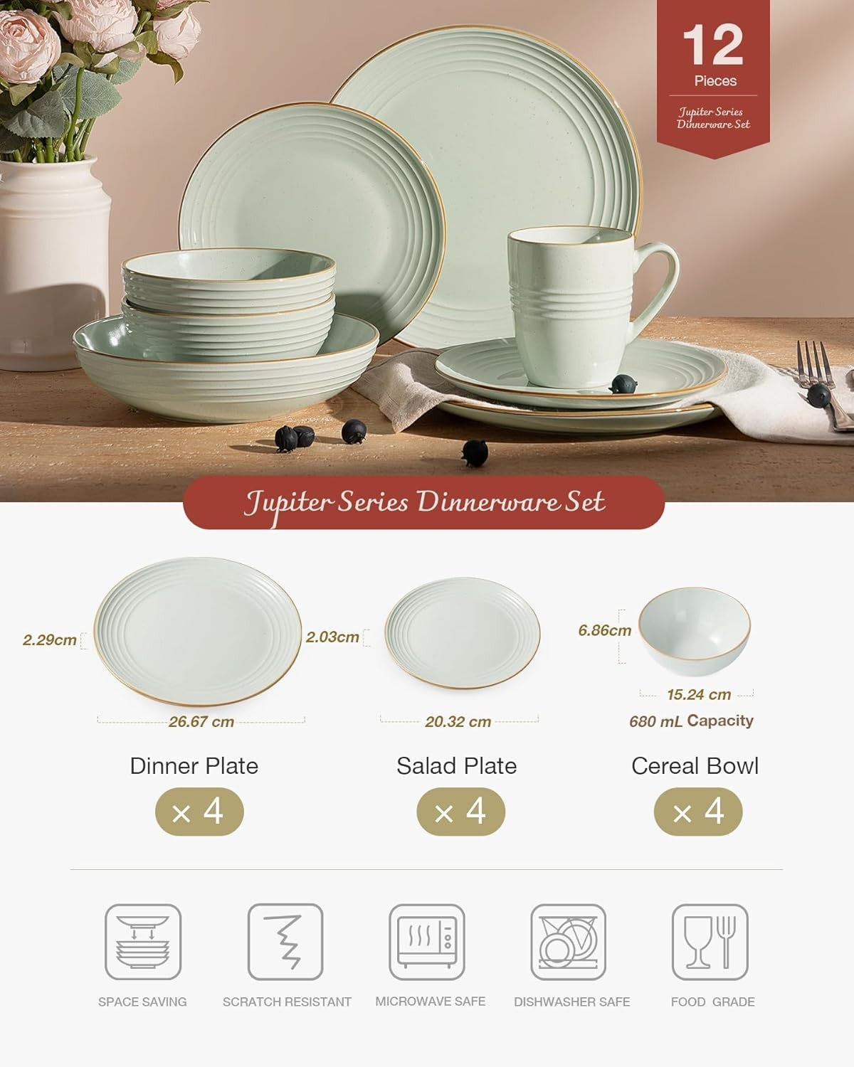 12pc Stoneware Dinner Set Light Green Gold Rim Plates Bowls Dishwasher Safe