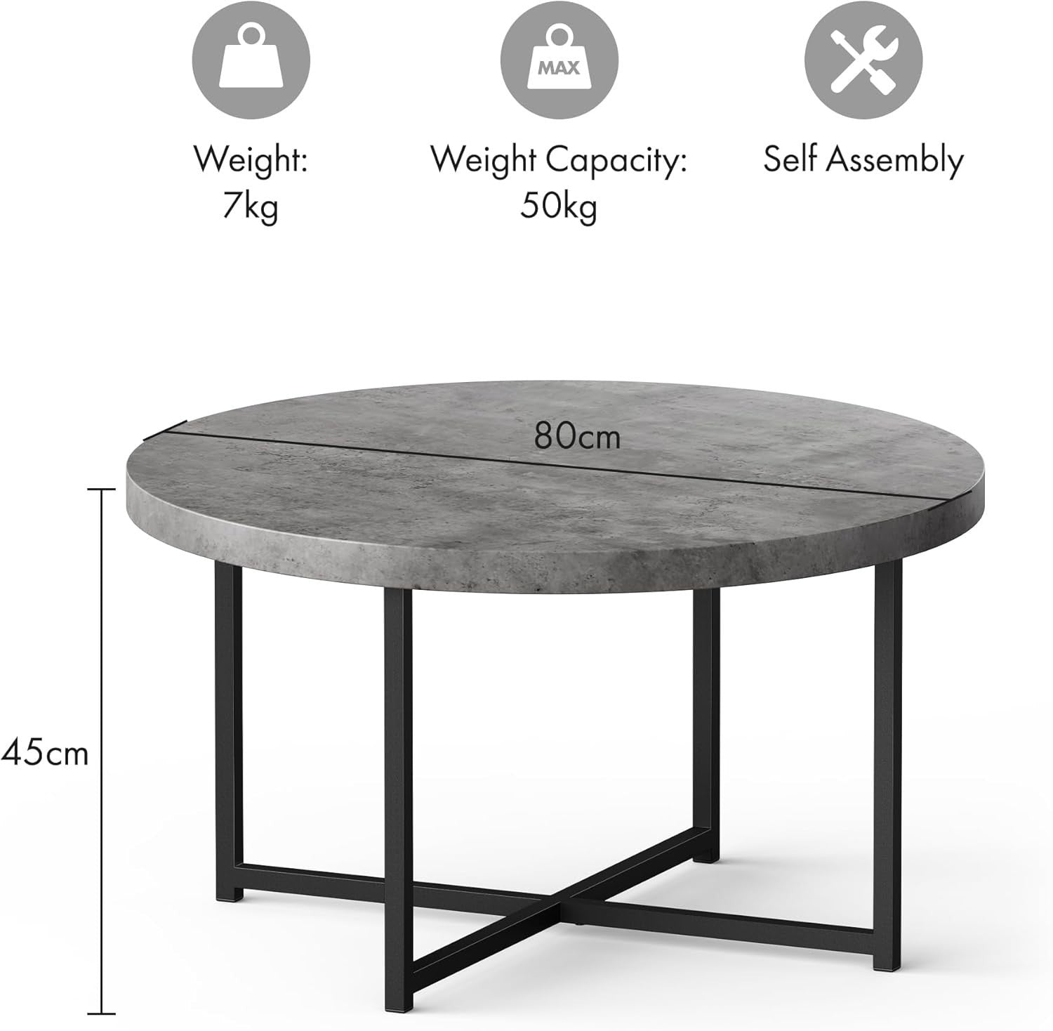Round Grey Concrete Look Coffee Table 80cm Modern Metal Legs Lounge Table