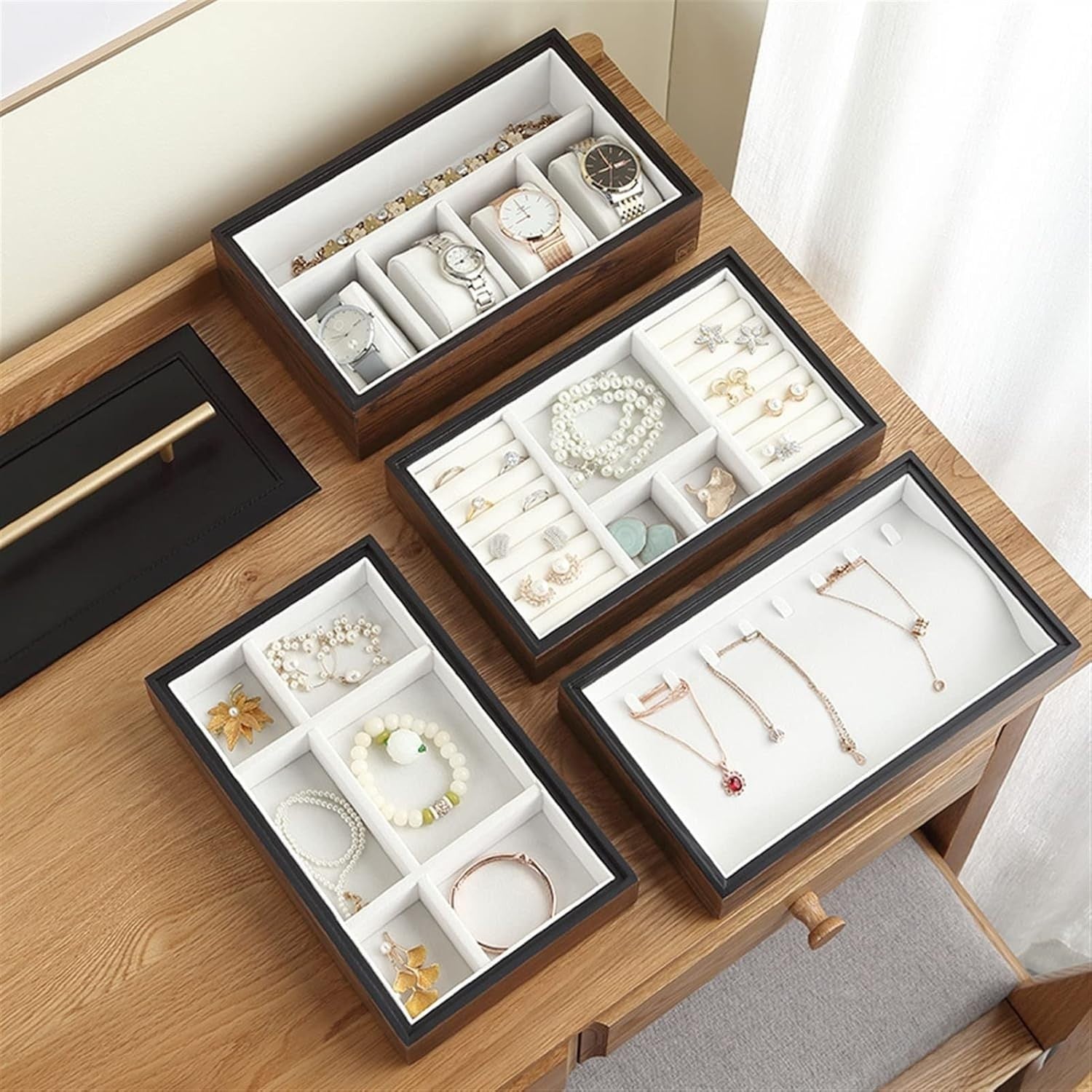 Wood Color 4 Layer Solid Wooden Jewellery Box Organizer with Drawers