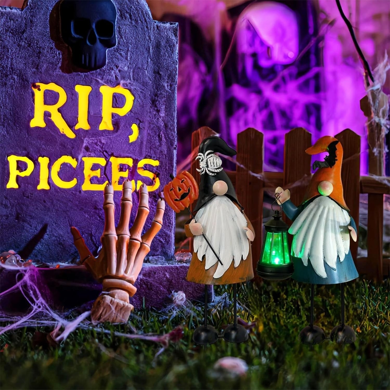 Halloween Metal Gnome Yard Art Statue Outdoor Decor | LED Lantern | 46cm