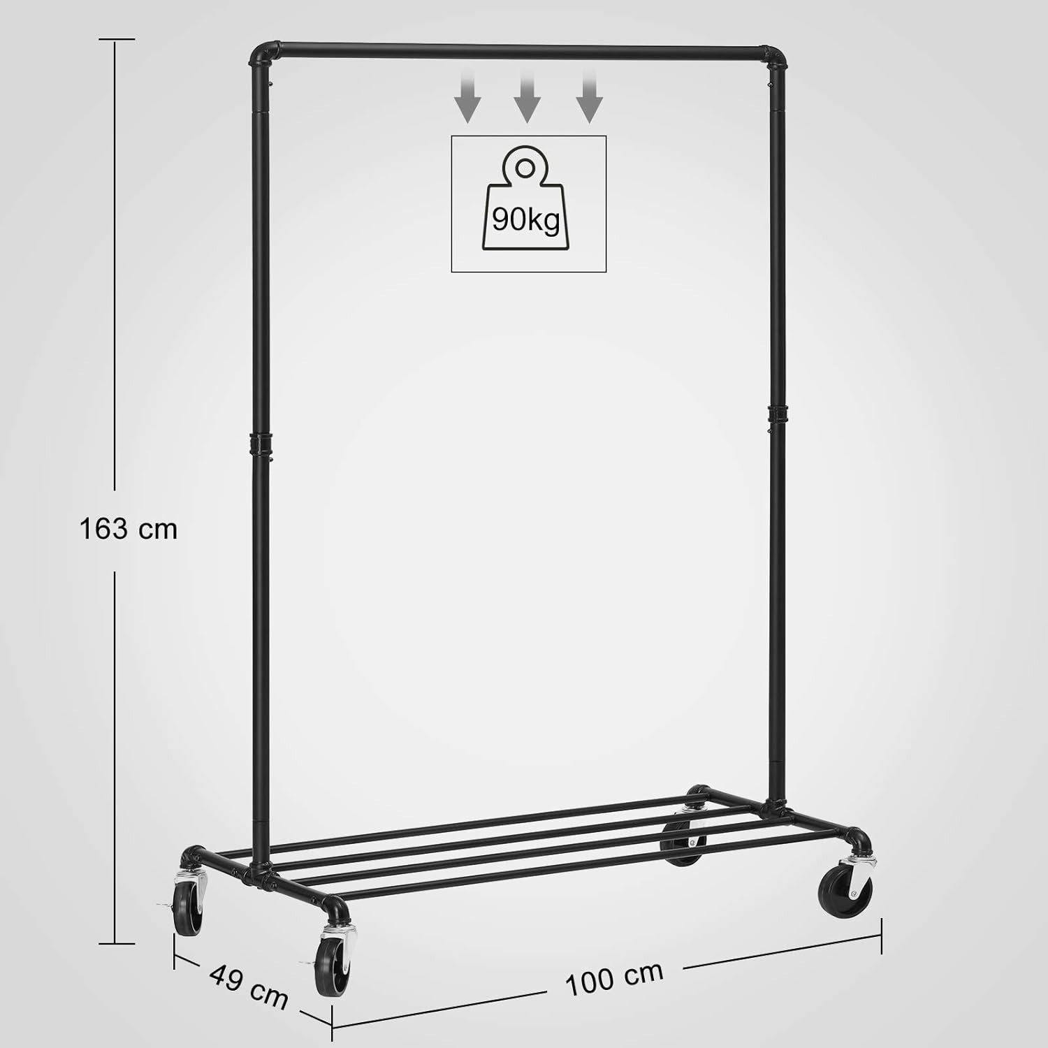 Heavy Duty Clothes Rail with Wheels & Shelf – Black, 90KG