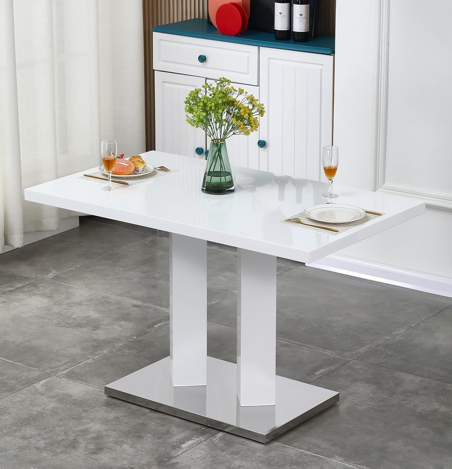 Modern White Dining Table Set 4 Chairs Velvet Green High Gloss Rectangular