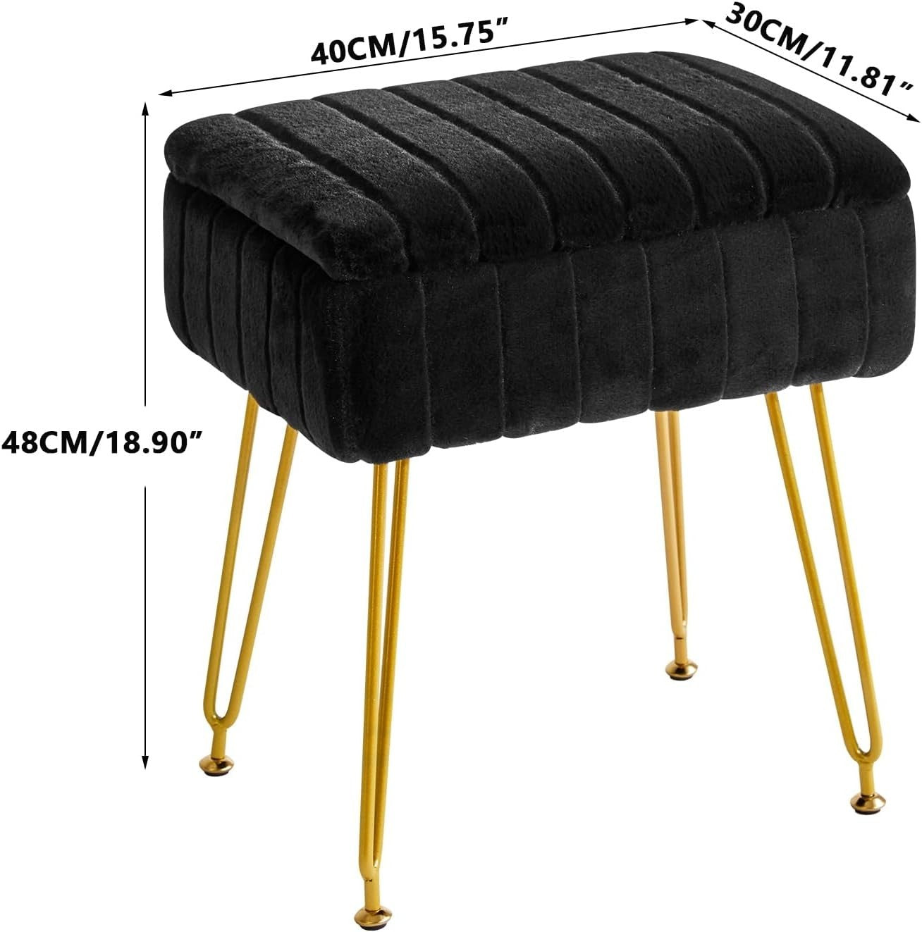 Black Faux Fur Storage Footstool – Modern Vanity Stool with Metal Legs